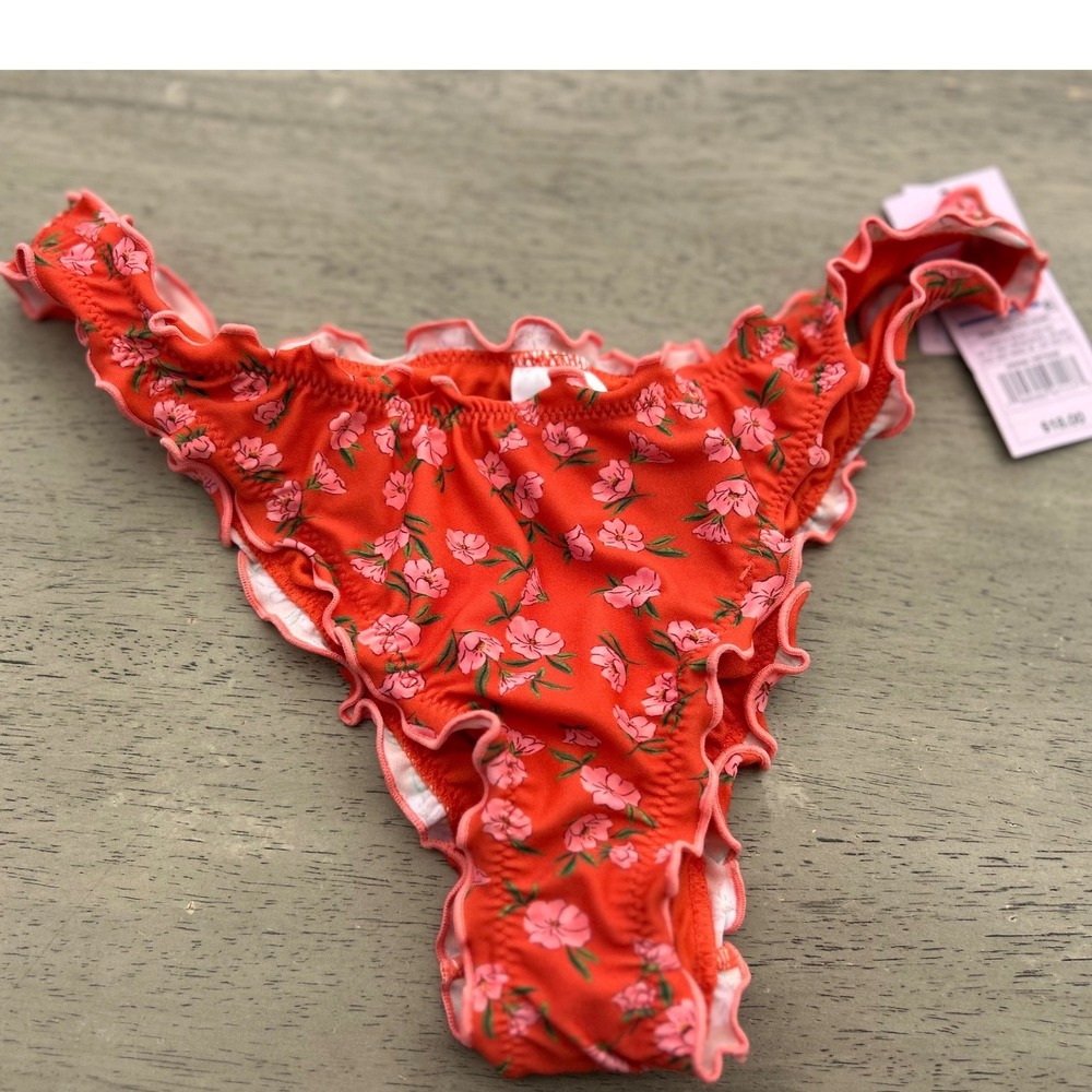 Wild Fable Red Pink Floral Ruffle Extra Cheeky Bikini Bottom Small NWT